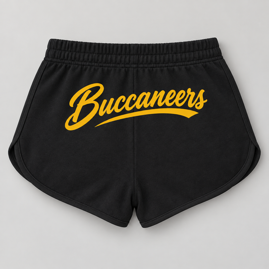Rear view of black women's cotton shorts with gold Buccaneers script