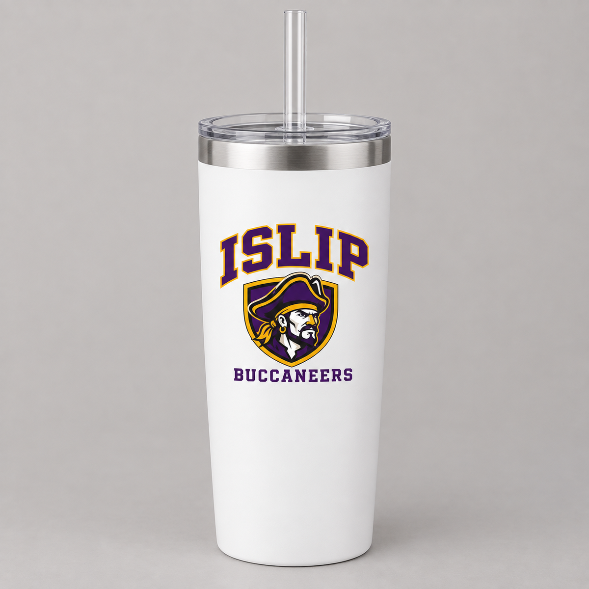 White Islip Buccaneers slim tumbler with purple and gold captain crest, lid and straw