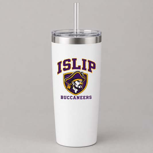 White Islip Buccaneers slim tumbler with purple and gold captain crest, lid and straw
