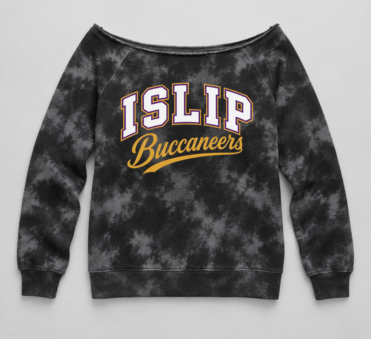 Greyscale women's off-shoulder sweatshirt with white Islip varsity lettering and gold Buccaneers script
