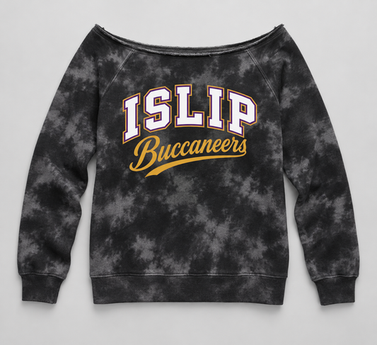 Greyscale women's off-shoulder sweatshirt with white Islip varsity lettering and gold Buccaneers script