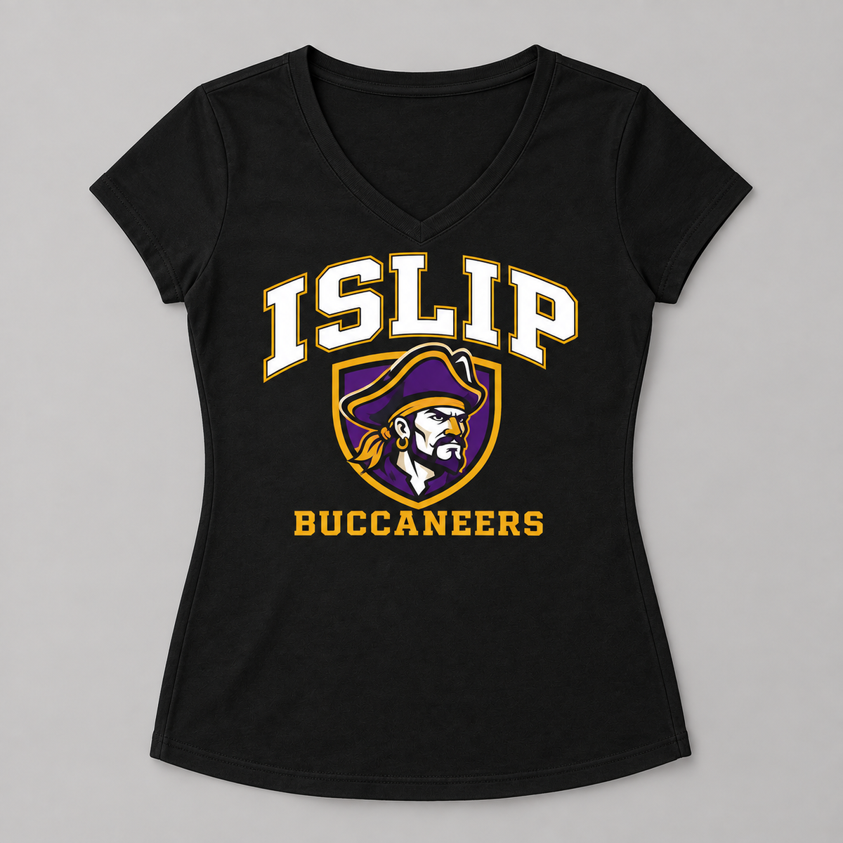 Black Islip Buccaneers Women's Captain Crest V-Neck Tee
