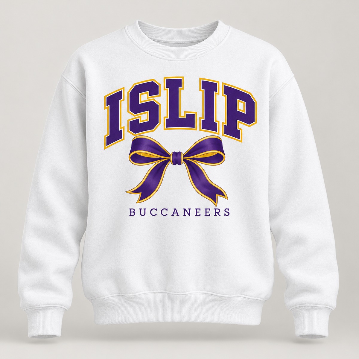Islip Youth Bow Club Crewneck in White with purple and gold print