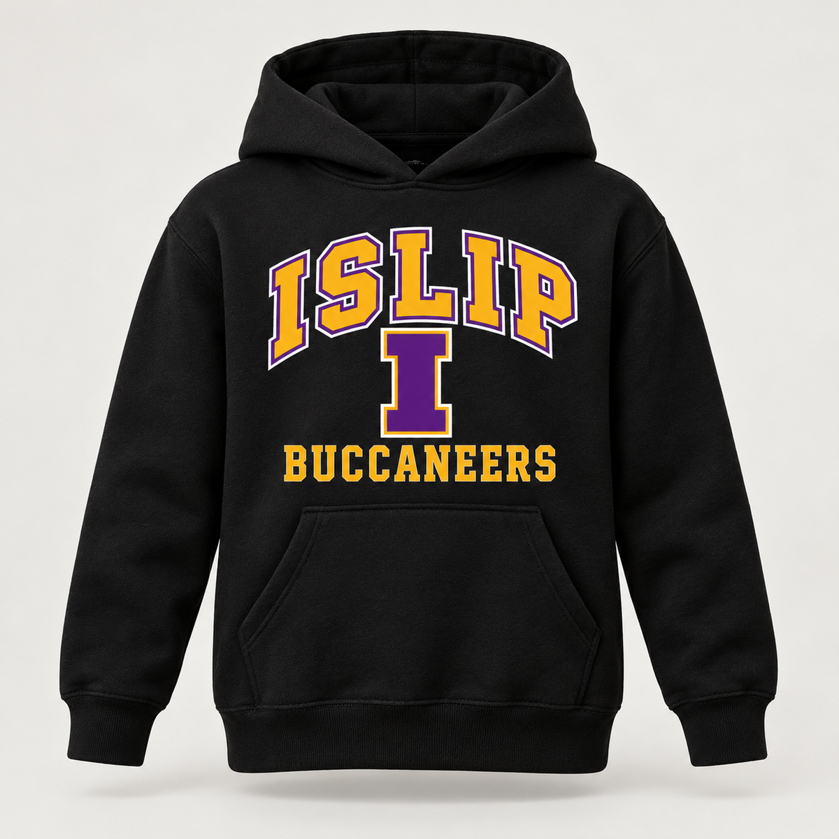Islip Youth Varsity Hoodie in Black with purple and gold print