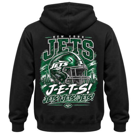 New York Jets Helmet and Skyline hoodie black back