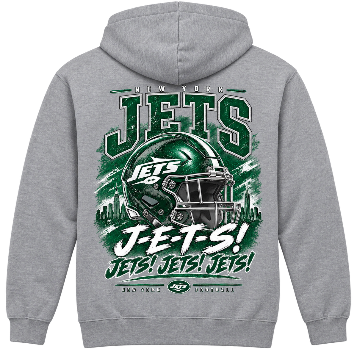 New York Jets Helmet and Skyline hoodie gray back