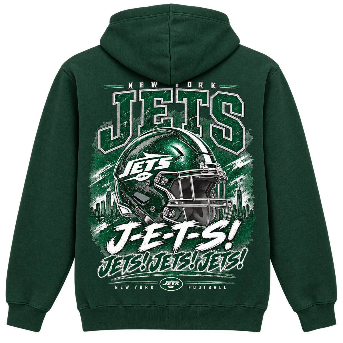 New York Jets Helmet and Skyline hoodie green back