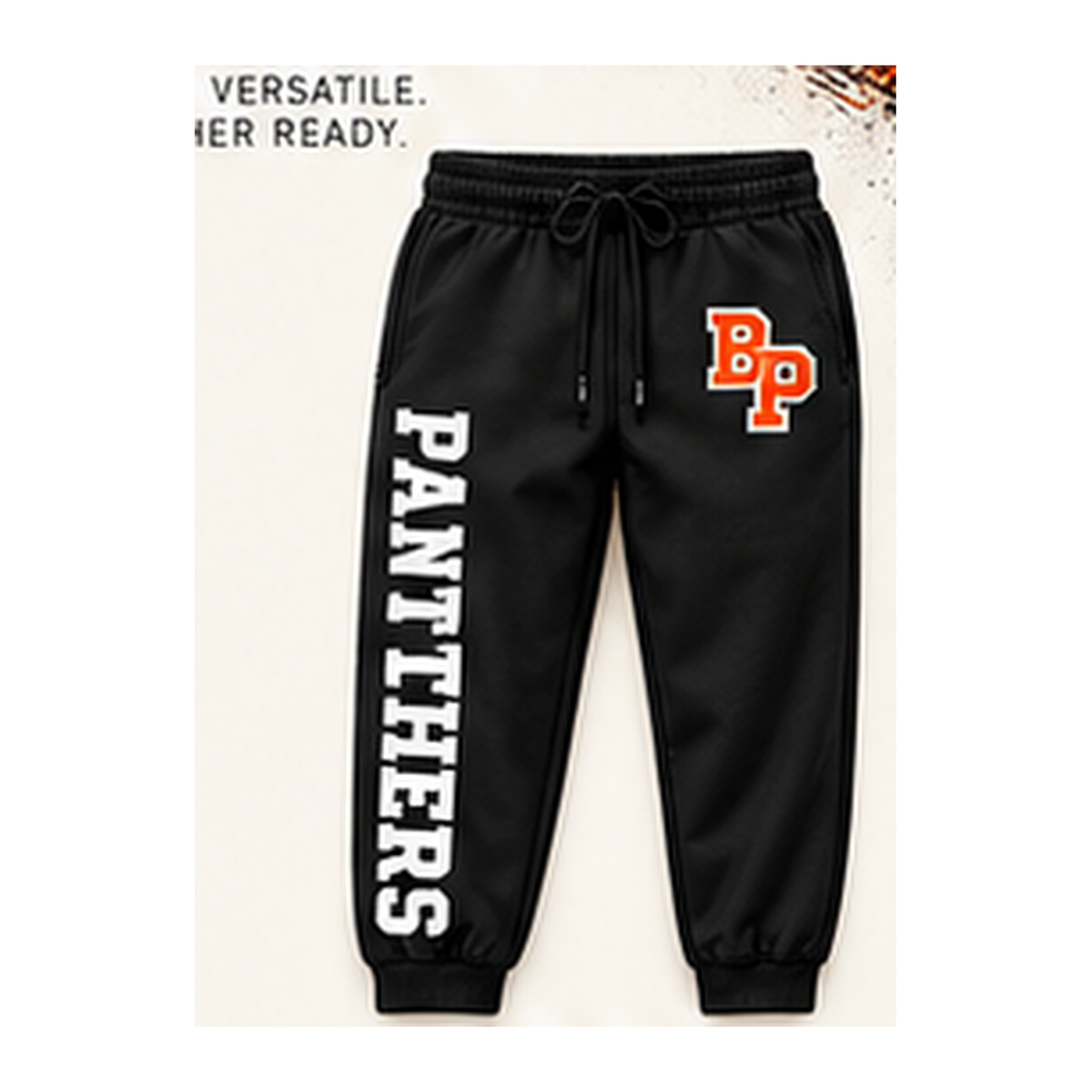 Babylon Panthers black joggers with orange BP pocket mark and white Panthers right leg