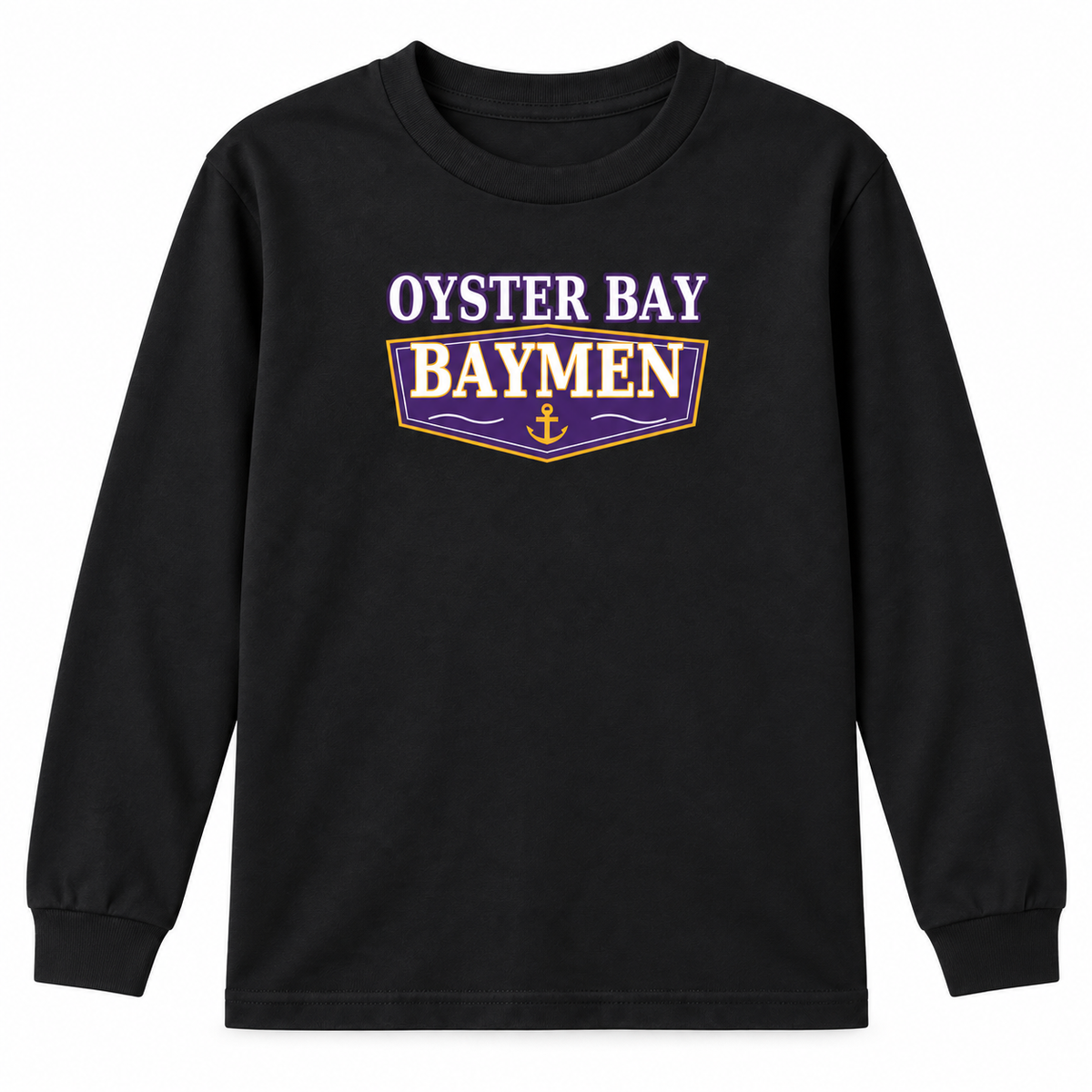 Oyster Bay Baymen youth Harbor Varsity long-sleeve T-shirt in black, centered purple and gold pennant print, front view