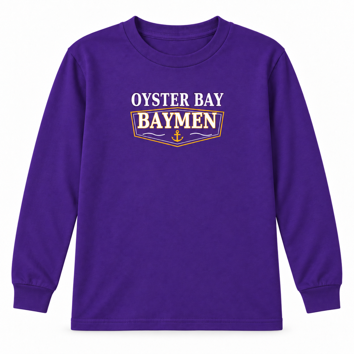 Oyster Bay Baymen youth Harbor Varsity long-sleeve T-shirt in purple, centered purple and gold pennant print, front view