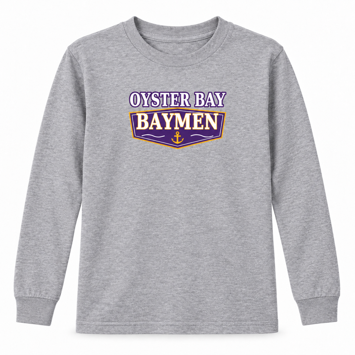 Oyster Bay Baymen youth Harbor Varsity long-sleeve T-shirt in Sport Grey, centered purple and gold pennant print, front view