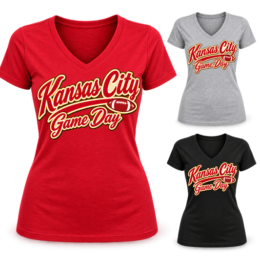 Kansas City Women's Game Day Script V-Neck T-Shirt — product thumbnail