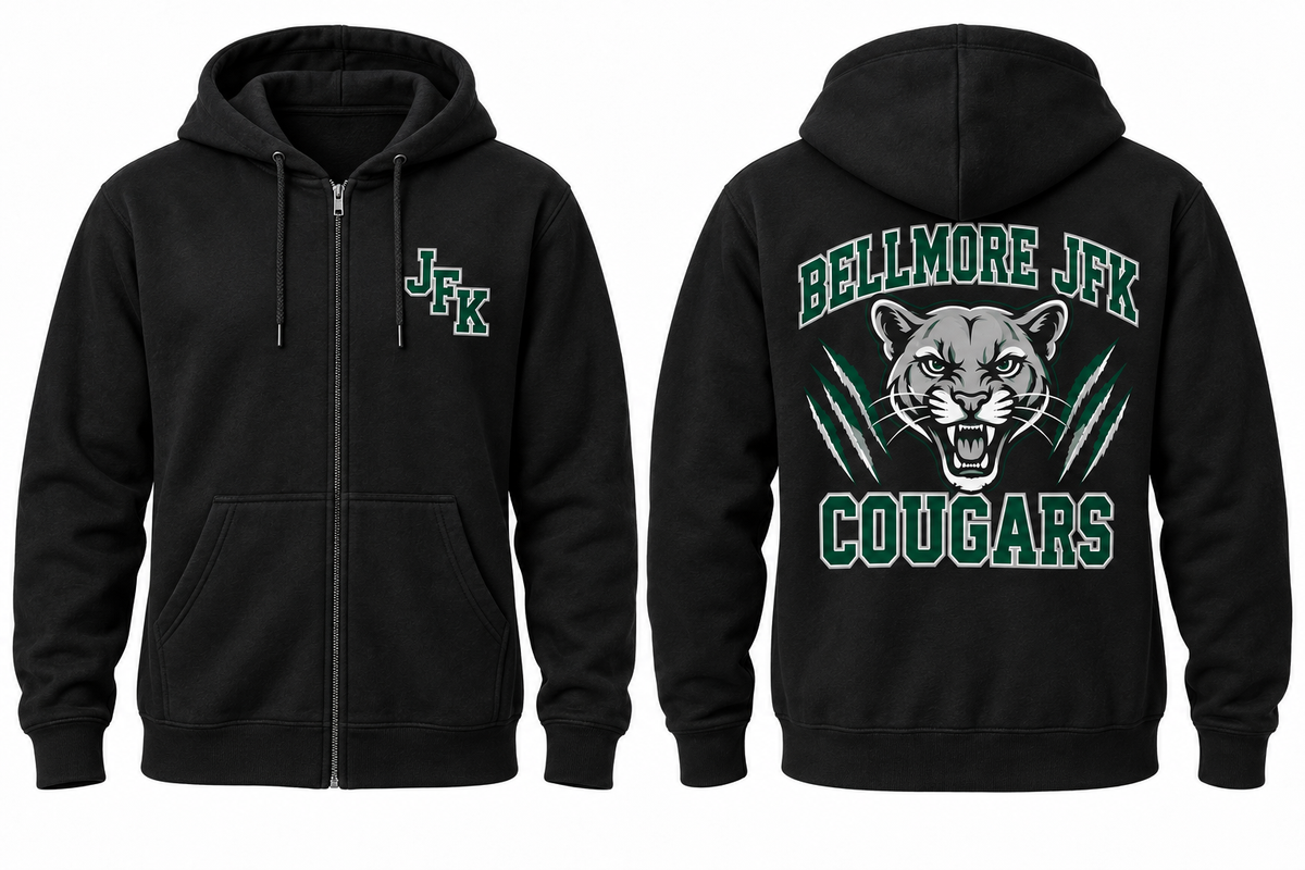 Kennedy Bellmore Varsity Zip-Up Hoodie — Black front and back