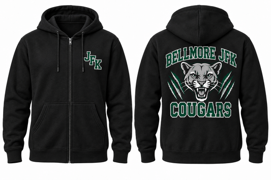Kennedy Bellmore Varsity Zip-Up Hoodie — Black front and back