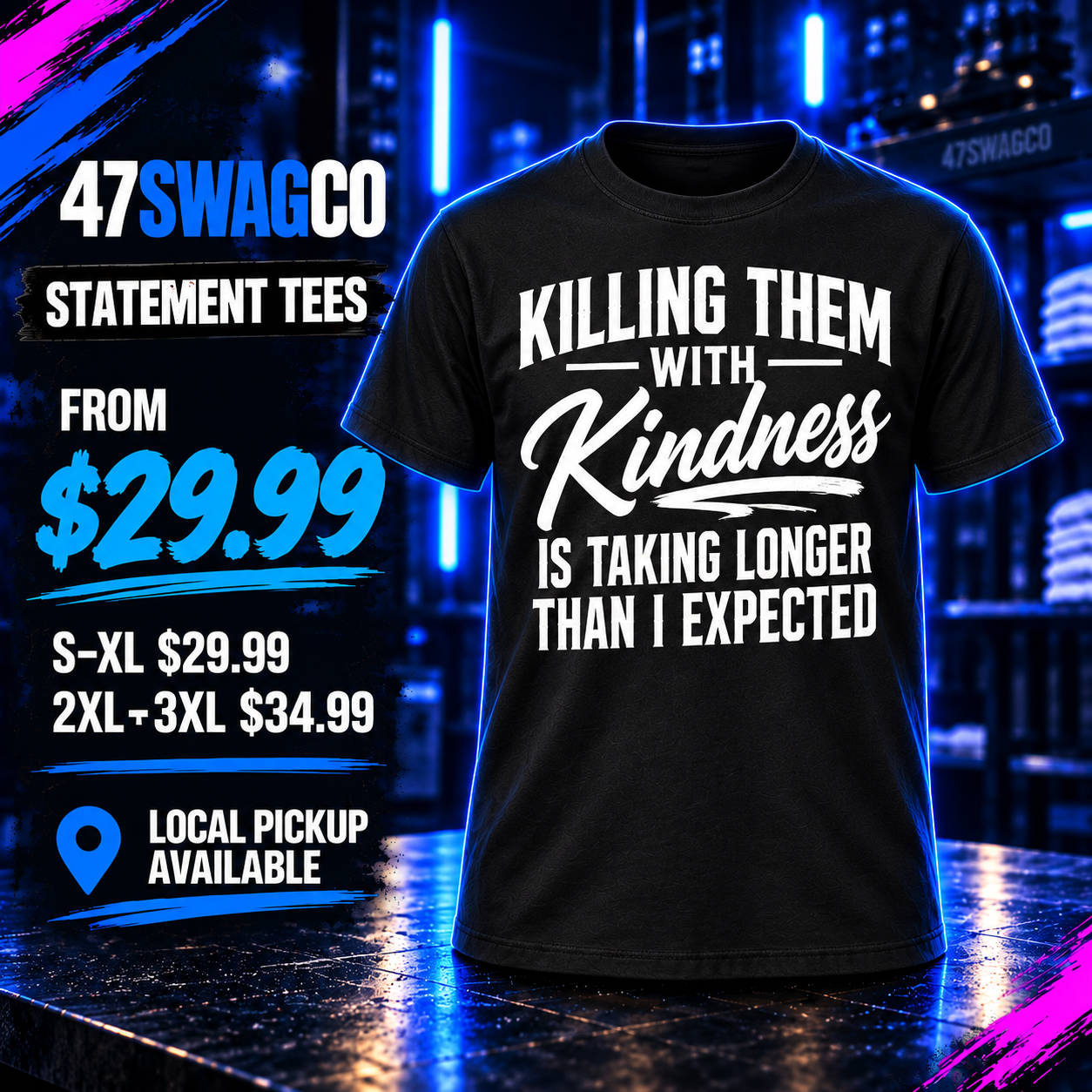 Black Killing Them With Kindness funny graphic T-shirt with bold white front print by 47 Swag Co