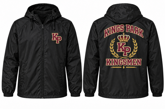 Kings Park Varsity Windbreaker — Black front and back