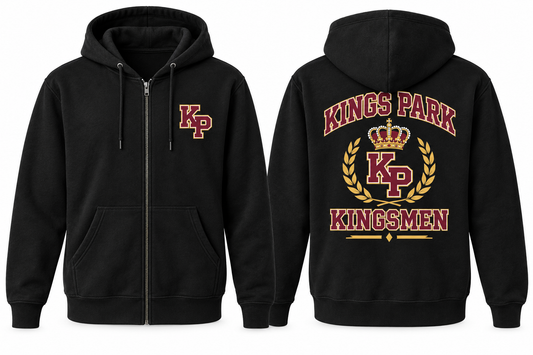 Kings Park Varsity Zip-Up Hoodie — Black front and back