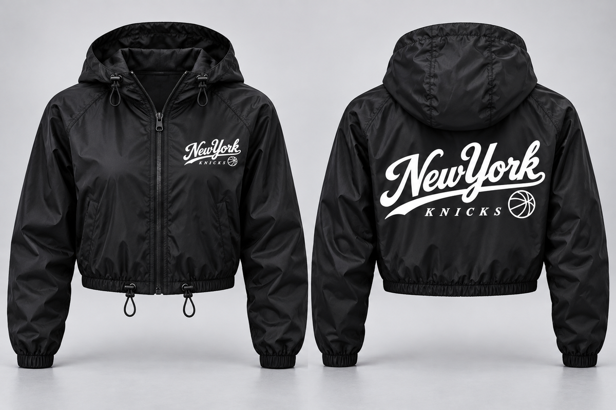 Black New York Knicks women's cropped windbreaker with white Ballpark Script, front and back