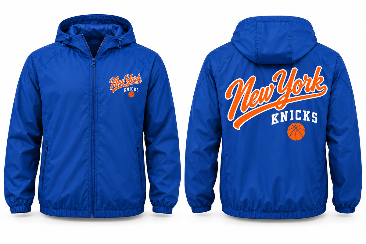 New York Knicks City Script Unisex Hooded Windbreaker in Royal Blue
