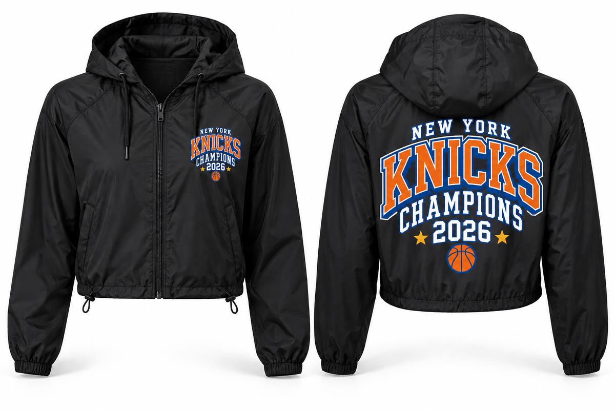 New York Knicks Champions 2026 Women's Cropped Windbreaker in Black