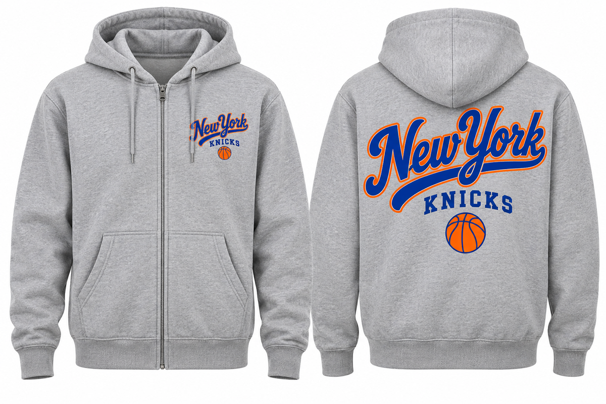 New York Knicks City Script Unisex Full-Zip Hoodie in Heather Gray