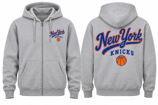New York Knicks City Script Unisex Full-Zip Hoodie in Heather Gray