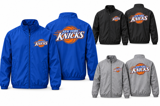 New York Knicks Fastbreak Court Unisex Full-Zip Windbreaker in Royal Blue, Black, Heather Gray