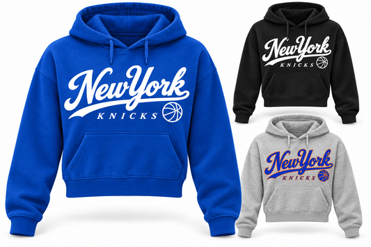 New York Knicks Ballpark Script Women's Cropped Hoodie in Royal Blue, Black, Heather Gray
