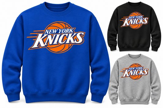 New York Knicks Fastbreak Court Unisex Crewneck Sweatshirt in Royal Blue, Black, Heather Gray