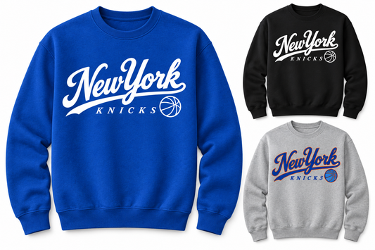 New York Knicks Ballpark Script Unisex Crewneck Sweatshirt in Royal Blue, Black, Heather Gray