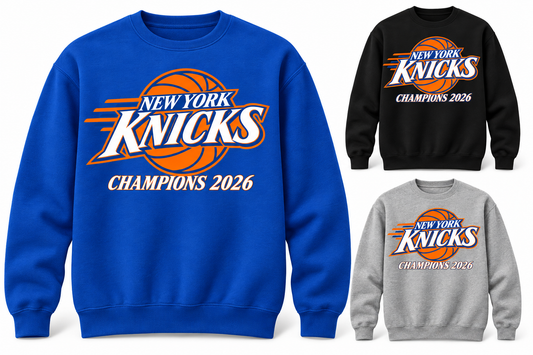 New York Knicks Champions 2026 Unisex Crewneck Sweatshirt in Royal Blue, Black, Heather Gray