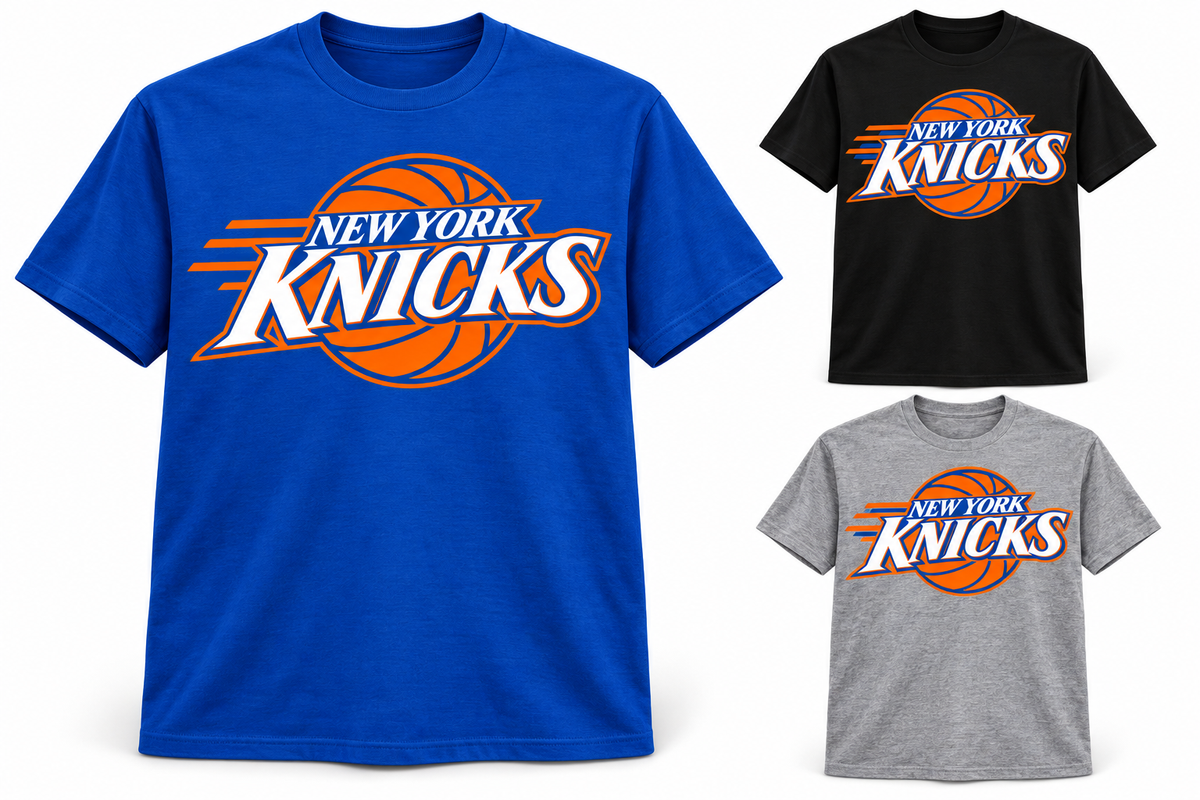 New York Knicks Fastbreak Court Unisex T-Shirt in Royal Blue, Black, Heather Gray
