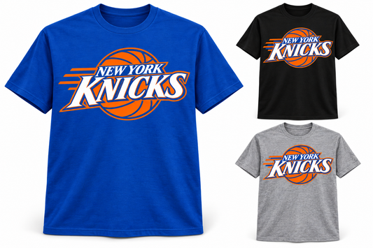 New York Knicks Fastbreak Court Unisex T-Shirt in Royal Blue, Black, Heather Gray