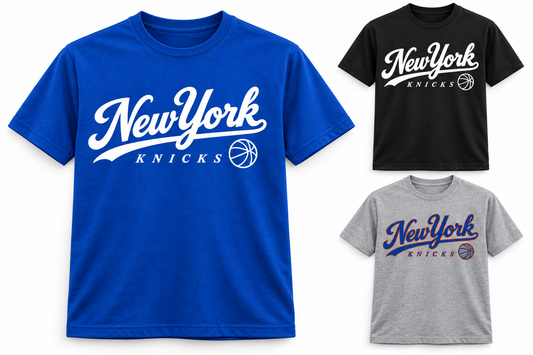 New York Knicks Ballpark Script Unisex T-Shirt in Royal Blue, Black, Heather Gray