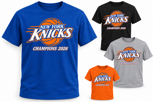New York Knicks Champions 2026 Unisex T-Shirt in Royal Blue, Black, Heather Gray, Orange