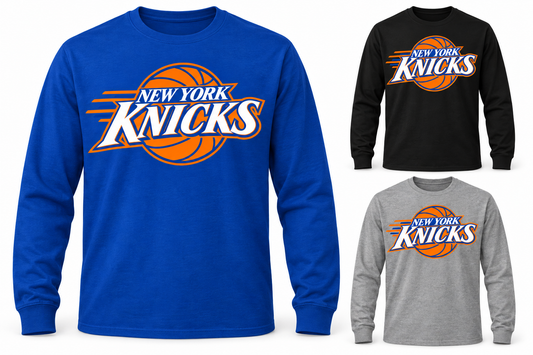 New York Knicks Fastbreak Court Unisex Long Sleeve T-Shirt in Royal Blue, Black, Heather Gray