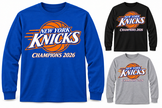 New York Knicks Champions 2026 Unisex Long Sleeve T-Shirt in Royal Blue, Black, Heather Gray