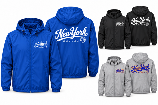New York Knicks Ballpark Script Unisex Hooded Windbreaker in Royal Blue, Black, Heather Gray