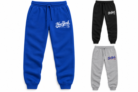 New York Knicks Ballpark Script Unisex Joggers in Royal Blue, Black, Heather Gray