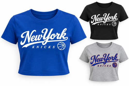 New York Knicks Ballpark Script Women's Cropped T-Shirt in Royal Blue, Black, Heather Gray