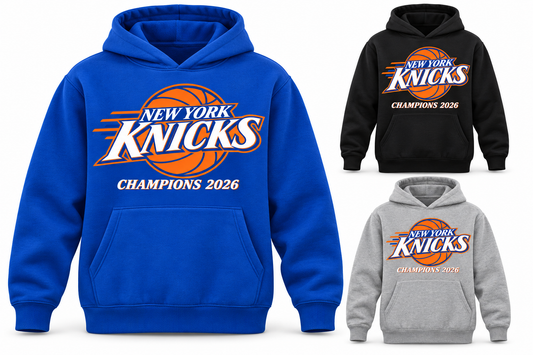New York Knicks Champions 2026 Youth Pullover Hoodie in Royal Blue, Black, Heather Gray