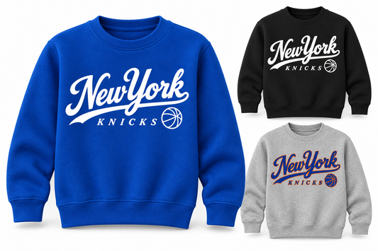 New York Knicks Ballpark Script Youth Crewneck Sweatshirt in Royal Blue, Black, Heather Gray