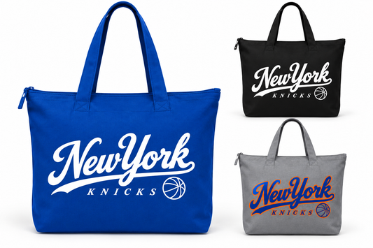 New York Knicks Ballpark Script Zip-Top Tote Bag in Royal Blue, Black, Gray