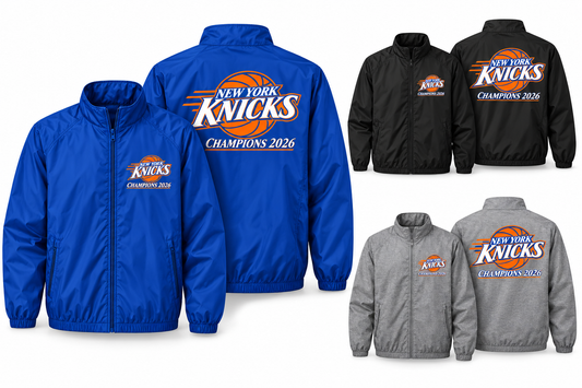 New York Knicks Champions 2026 Unisex Full-Zip Windbreaker in Royal Blue, Black, Heather Gray