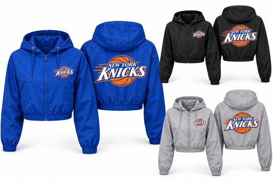 New York Knicks Fastbreak Court Women's Cropped Windbreaker in Royal Blue, Black, Heather Gray