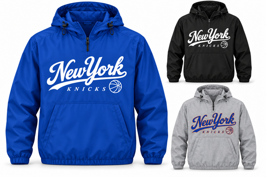 New York Knicks Ballpark Script Unisex Quarter-Zip Anorak in Royal Blue, Black, Heather Gray