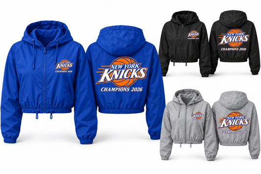 New York Knicks Champions 2026 Women's Cropped Windbreaker in Royal Blue, Black, Heather Gray