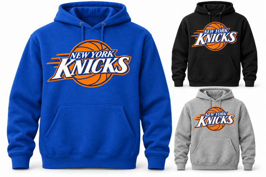 New York Knicks Fastbreak Court Unisex Pullover Hoodie in Royal Blue, Black, Heather Gray