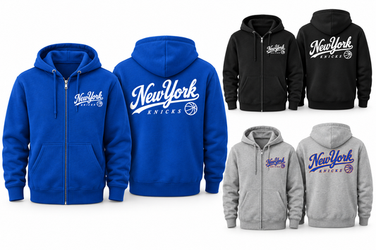 New York Knicks Ballpark Script Unisex Full-Zip Hoodie in Royal Blue, Black, Heather Gray