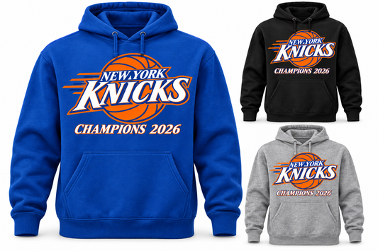 New York Knicks Champions 2026 Unisex Pullover Hoodie in Royal Blue, Black, Heather Gray